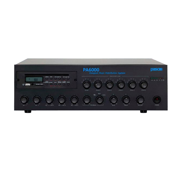 AMPLIFICADOR MEZCLADOR PARA 6ZONAS 120W @100V, ENTRADA 6 MIC/LINEAS CD, MP3, USB